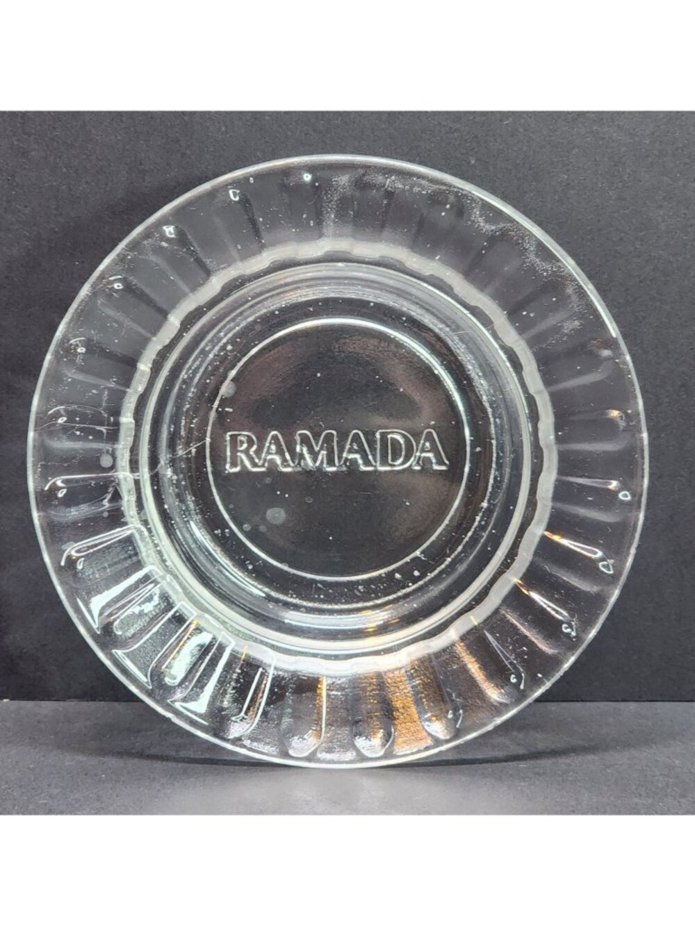 Vintage Ramada Inn Hotel Ashtray Clear Glass Collectible Decor 4" Diameter USA
